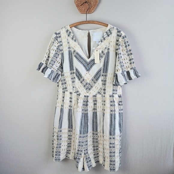 NWT $128 Ett:Twa Anthropologie Eyelet Striped Romper V Neck Boho Size 12 - Picture 2 of 6